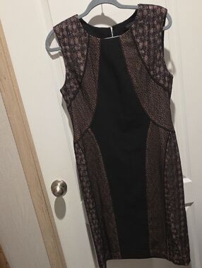 BCBGMaxAzria Black and Bronze Paneled Midi Sheath Dress